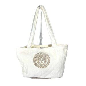 VERSACE Logo Medusa Pile Tote Bag Shoulder Beach Bag Shoulder Bag pile White